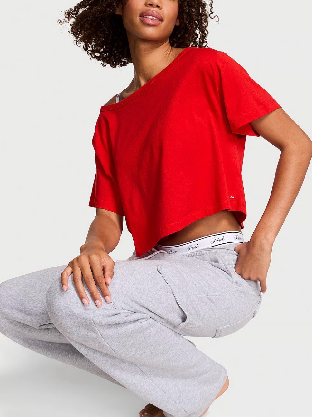 Victoria’s Secret PINK slouchy crop sleep shirt, bright vermillion, Small, NWT